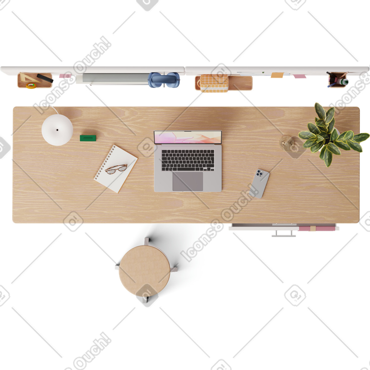 Ilustração de Top view of studio desk em no estilo 3D Hygge para baixar em PNG, SVG