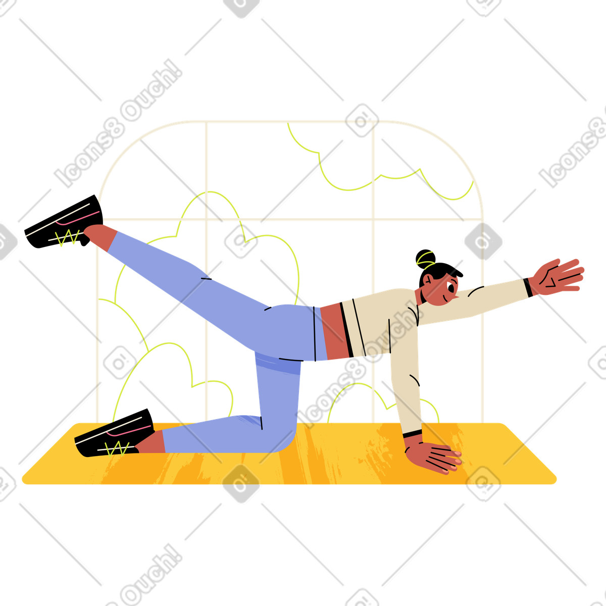 Illustration Femme souriante s'étirant sur un tapis de yoga dans le style Juicy à télécharger aux formats PNG, SVG