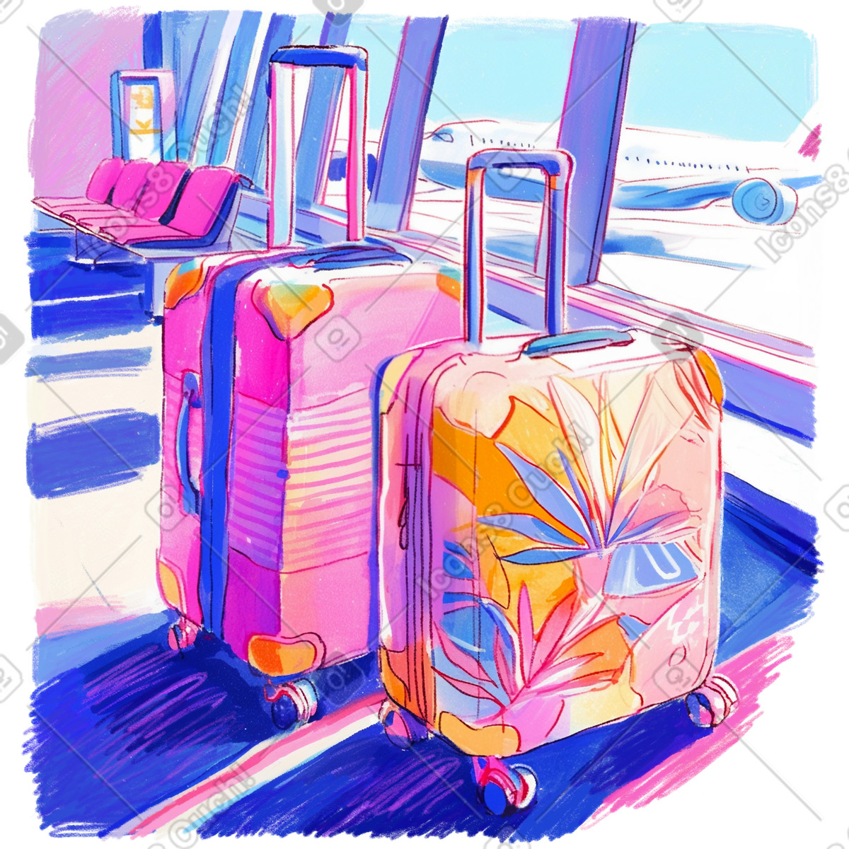 Pencil drawing of two suitcases illustration airport clipart image in PNG SVG GIF