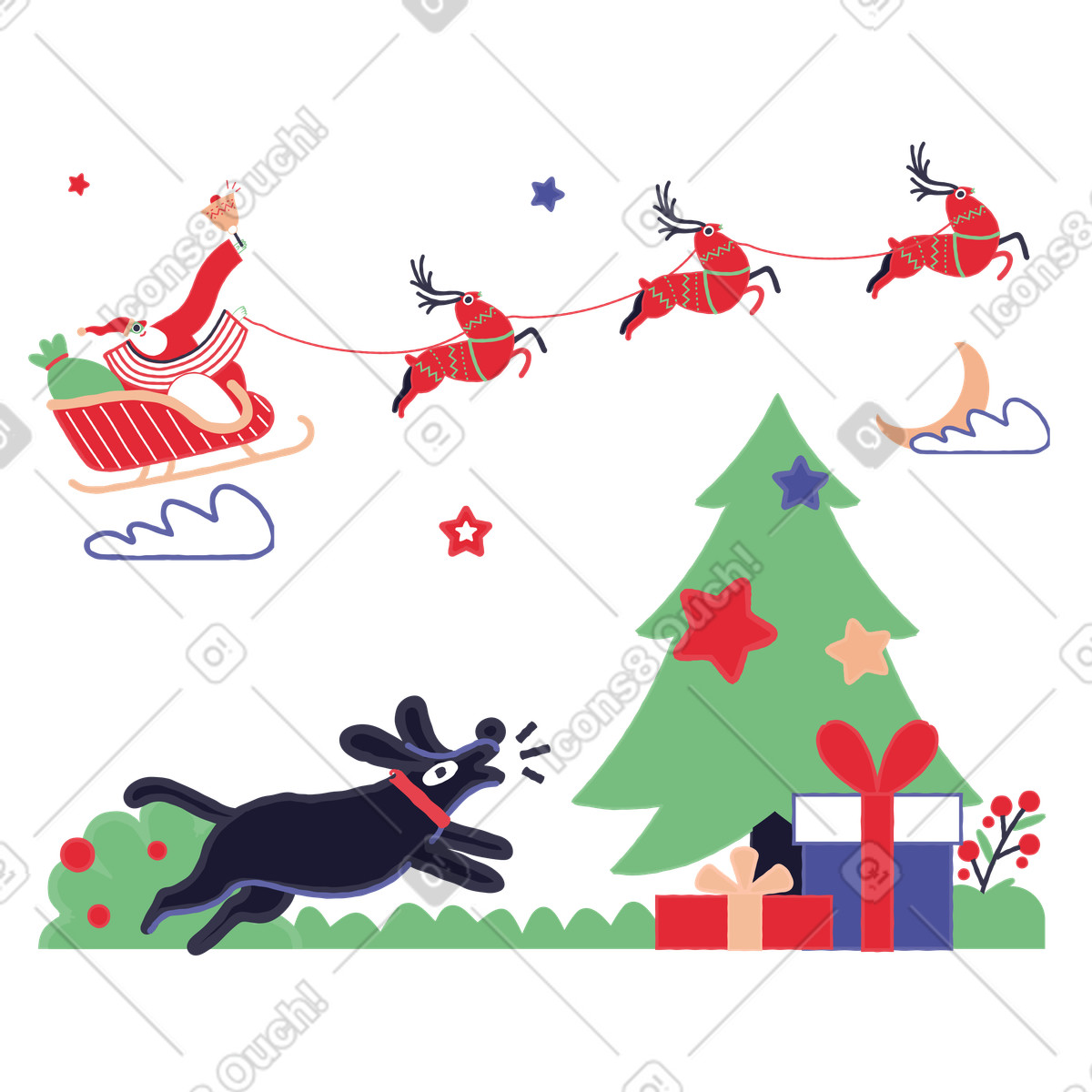 Cane vicino a un albero di natale che abbaia alla carrozza babbo nel cielo illustrazione in stile Stripy scarica in PNG, SVG