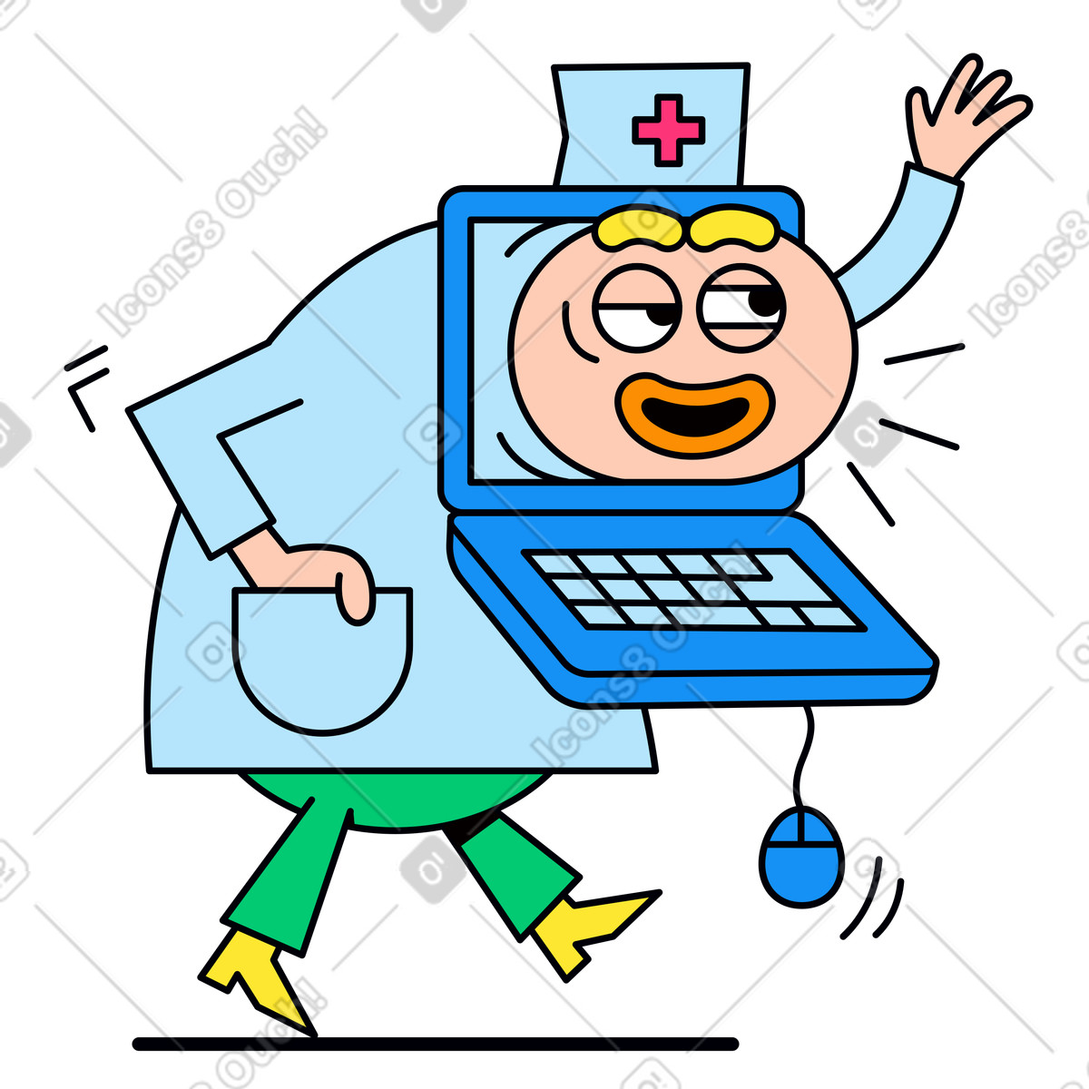 Ilustração de Médico com laptop dando consulta online em no estilo Droll para baixar em PNG, SVG