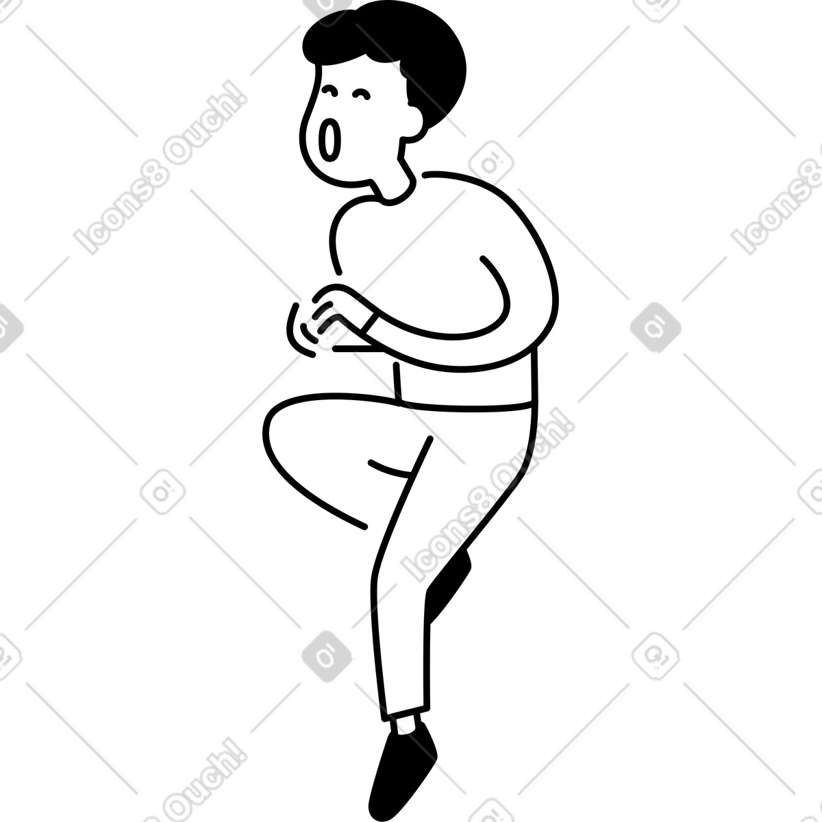 下载 Notion Line Art 风格的 Surprised character with open mouth balancing on one bent leg 插画，支持 PNG、SVG 格式
