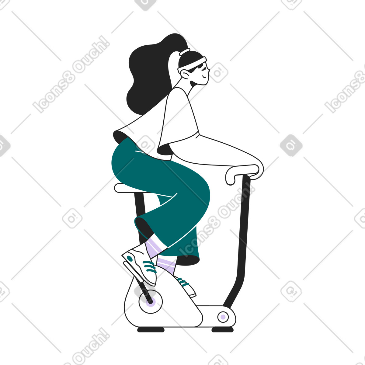 下载 Sammy Line 风格的 穿绿色裤子的女人骑健身车 插画，支持 PNG、SVG 格式