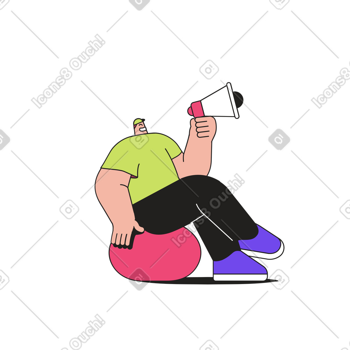 Man promoter sitzt auf gymnastikball und schreit ins megaphon animierte Illustration im Dazzle-Stil als Download in GIF, Lottie (JSON), AE