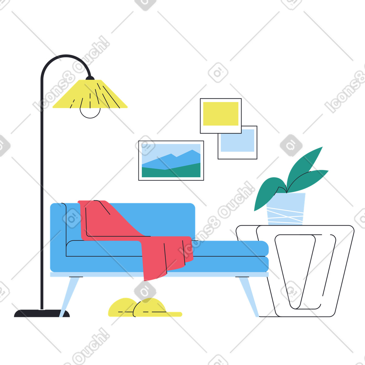 Sofa and lamp in living room illustration Boba style download PNG, SVG