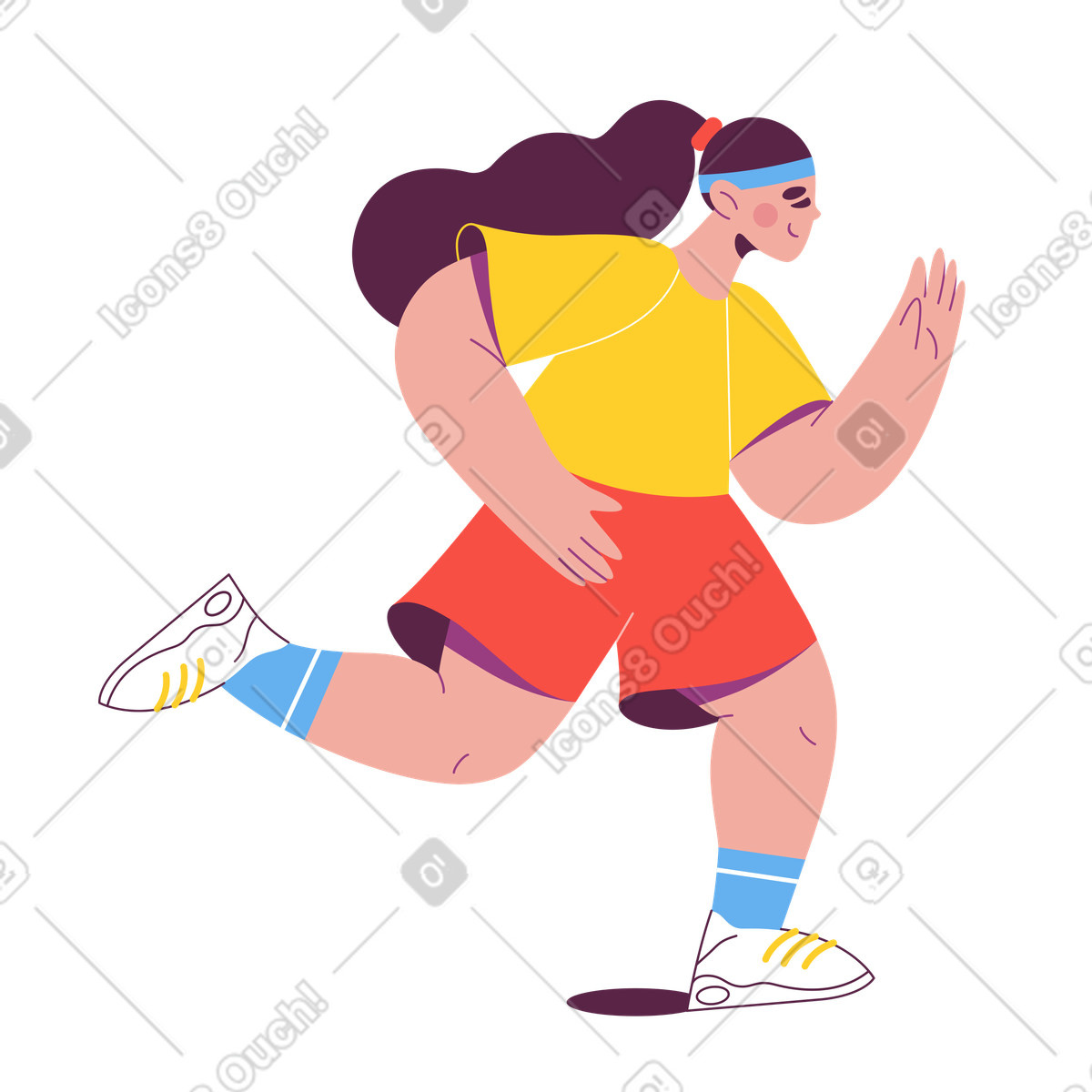 Illustration Woman in yellow t-shirt running and smiling dans le style Sammy à télécharger aux formats PNG, SVG
