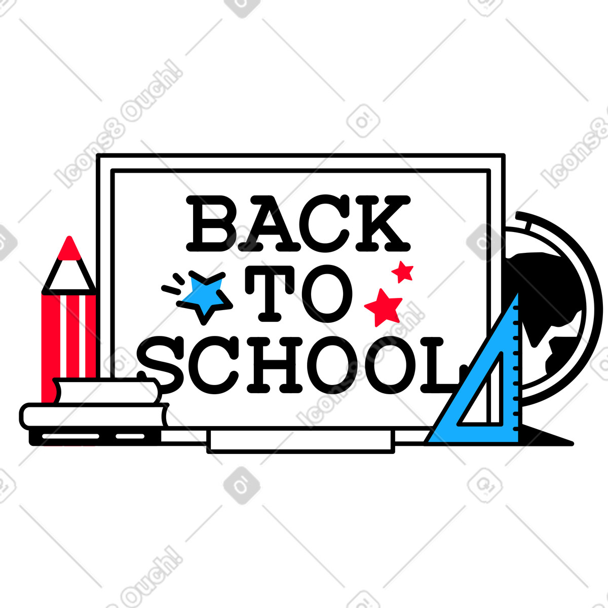 Whiteboard with Back to school text and classroom supplies illustration in Transistor style download in PNG, SVG