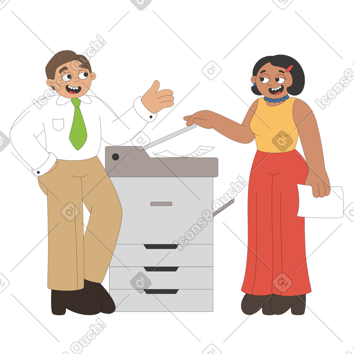 Illustration Des collègues discutent devant une photocopieuse dans le style Sitcom à télécharger aux formats PNG, SVG