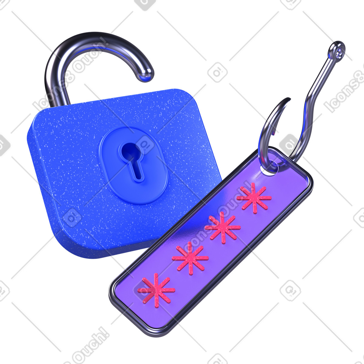 Gancio di phishing, password e blocco illustrazione in stile 3D Boost scarica in PNG, SVG
