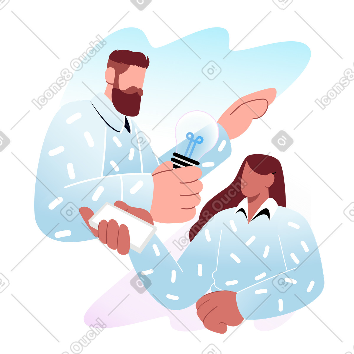Teamwork, discussing an idea in a team illustration Airy style download PNG, SVG