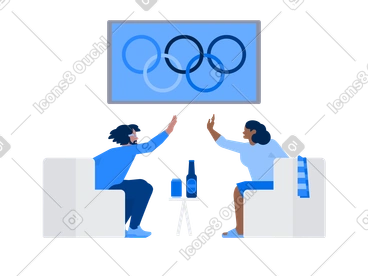 Sports fans give each other a high five in front of the TV PNG, SVG