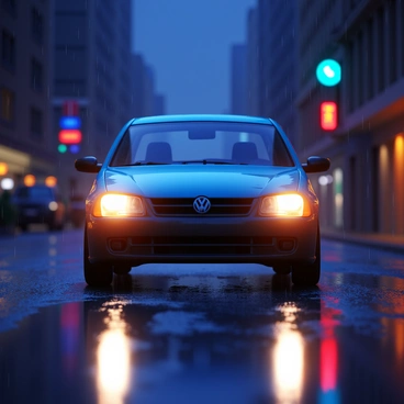 A car parked on a city street during a rainy night. The car's headlights are illuminated, casting a soft glow. Rain is falling steadily, creating a sheen on the pavement. The surface of the wet pavement reflects the car, along with the colorful lights from nearby buildings and streetlights. Puddles of water form around the tires, adding to the overall moody atmosphere. Street signs and distant silhouettes of buildings are visible in the background, partially obscured by the rain.