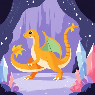 Charizard exploring a crystal-filled cave, reflecting colors on its scales.