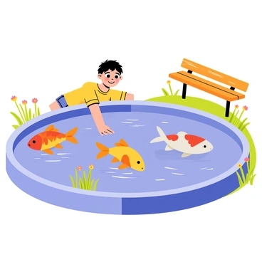 A curious child with short brown hair leans over the edge of a circular fish pond. The child is wearing a bright yellow t-shirt and denim shorts. The pond is filled with clear blue water, and colorful fish of various types, including orange koi and silver goldfish, swim gracefully below the surface. Reflections of trees and the sky can be seen in the water. The child’s eyes are wide with wonder as they point towards a particularly large koi fish. Small ripples spread across the water as the fish move. A wooden bench is positioned nearby, surrounded by lush green grass and blooming flowers.