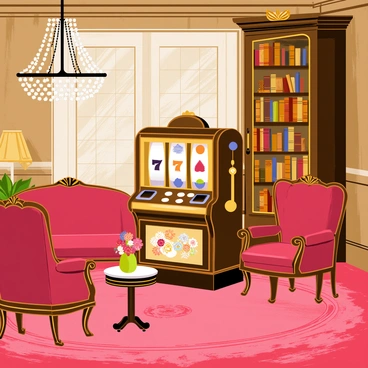 A Victorian-era parlor filled with rich, dark wood furniture featuring ornate carvings. A vintage slot machine stands prominently in the center, with colorful symbols displayed on its spinning reels. The room is adorned with patterned wallpaper and a plush, intricately designed carpet. A large, elegant chandelier hangs from the ceiling, casting soft light over the scene. An antique sofa and armchairs, upholstered in deep red fabric, are arranged around a small round table topped with a decorative vase of flowers. A tall bookshelf filled with leather-bound books lines one wall, adding to the historic atmosphere of the parlor.