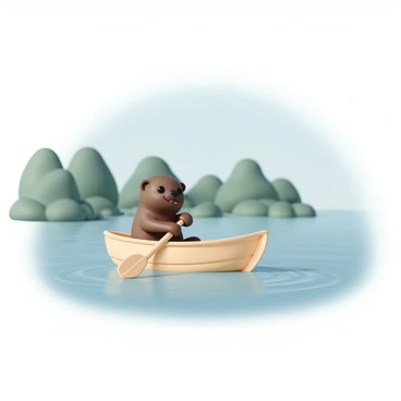 A cute otter, with glossy brown fur and playful eyes, is leisurely rowing a small wooden boat. The boat is crafted from light-colored wood, gently floating on the surface of a calm lake. The water reflects the clear blue sky above, while a few small ripples radiate outwards from the boat. The otter holds a small wooden paddle in its paws, a content expression on its face as it maneuvers through the water. Lush green trees line the shore of the lake, providing a tranquil backdrop to this serene scene.