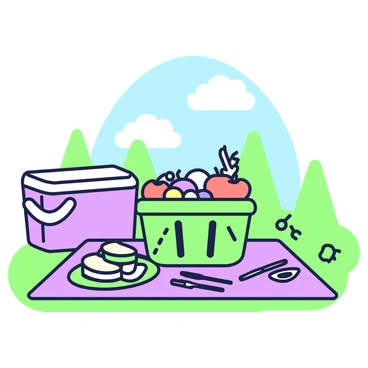 A laundry basket is placed on a picnic blanket in a grassy area. The basket is filled with various sandwiches, neatly cut and arranged, alongside an assortment of fruits including apples, oranges, and grapes. A pair of green plates sits next to the basket, accompanied by forks and napkins. In the background, there are a few trees and a blue sky with fluffy clouds. A picnic cooler is positioned nearby, adding to the picnic atmosphere.