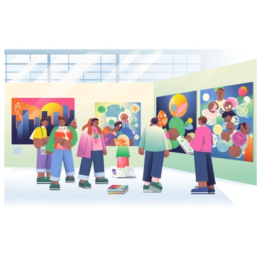 A bustling city art gallery is filled with people admiring the vibrant urban street art displayed on the walls. The gallery has high ceilings and large windows that allow natural light to flood in. The walls are covered with colorful murals featuring bold graffiti, abstract shapes, and dynamic characters. In one corner, a group of visitors is discussing a striking piece that depicts a city skyline at sunset with vivid oranges and purples. On the floor, there are scattered art catalogs and brochures about the artists. A friendly gallery attendant is assisting a couple as they examine a large canvas that showcases a blend of geometric patterns and nature-inspired motifs.