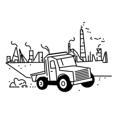A rugged junk truck driving along a gravel road, with its body showing signs of wear and rust. The truck has oversized tires and a dented side panel. In the background, several factories with tall smokestacks and large metal structures are visible. Smoke is billowing from the chimneys, and there are scattered piles of debris and machinery around the area. The sky is overcast, contributing to the industrial atmosphere.