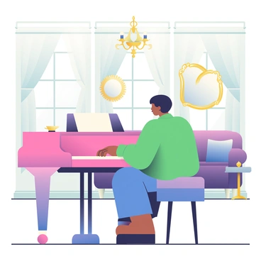 A musician with short black hair is seated at a grand piano in an elegantly decorated room. The musician is focused, their left hand gracefully cascading over the keys while the right hand hovers above, poised to strike the next note. The room features tall windows draped with sheer white curtains that let in soft, natural light. A chandelier hangs from the ceiling, casting a warm glow over the polished wooden floor. On the walls, ornate gold-framed mirrors reflect the musician's intense expression. In the background, a plush velvet sofa is positioned against the wall, accompanied by a small, elegant coffee table.