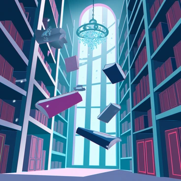 A vast library filled with towering shelves made of dark wood, coated in layers of dust. The air is filled with the soft rustle of pages turning as numerous books float through the space. The books are ancient, with worn leather bindings and gilded lettering, displaying a range of colors and sizes. Sunlight streams through large, arched windows, casting dramatic shadows on the floor. Dust motes dance in the rays of light as some books open and close mid-air, revealing faded, handwritten texts and illustrations. An ornate chandelier hangs from the ceiling, glinting with crystals that reflect the soft glow of the library.