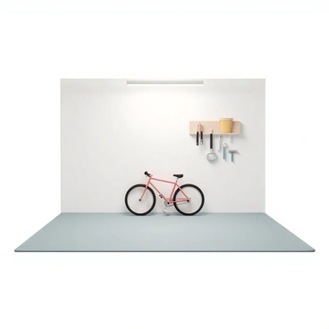 A minimalist garage space with smooth concrete flooring and white walls, giving a clean and uncluttered appearance. In the center, there is a single red bicycle with a sleek design, featuring narrow tires and a simple frame. Leaning against the wall, there are a few essential tools: a hammer, a wrench, and a set of screwdrivers, all arranged neatly on a small wood shelf. The lighting is bright, illuminating the entire space and casting soft shadows.