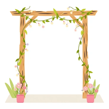 A bohemian wedding arbor featuring a wooden structure with intricate carvings and a rustic finish. The arbor is adorned with earthy, natural garlands made of green leaves, dried flowers, and twine. Delicate fairy lights are woven through the garlands, adding a warm glow. The ground is covered with soft white fabric, and there are small vases with wildflowers placed at the base of the arbor. In the background, there are hints of soft greenery that enhance the bohemian theme.