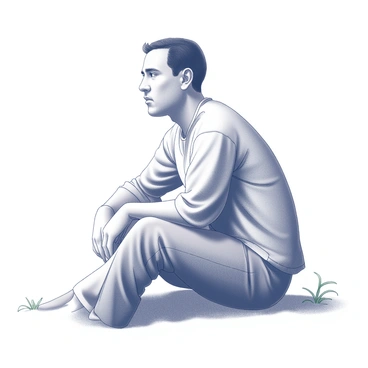 A man, representing Cesar Chavez, is seated on the ground, his posture relaxed yet introspective. He has short hair and is wearing simple clothing, a long-sleeved shirt and pants, reflecting the era. His facial expression exhibits deep contemplation, with eyes gazing forward as if lost in thought. The surrounding environment is minimal, focusing on the individual, with hints of grass or dirt beneath him. In the background, a few sparse details suggest a peaceful setting, enhancing the sense of solitude and reflection during the hunger strike.