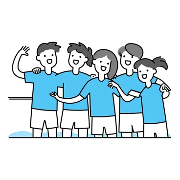 A group of five athletes, wearing matching blue jerseys and white shorts, are embracing each other in celebration. Their faces display joy and excitement, with wide smiles and raised arms. One athlete has short black hair, another has long brown hair pulled back into a ponytail, a third athlete is wearing glasses, while the remaining two have buzz cuts. They stand in a grassy field, with a subtle hint of a goal post in the background to suggest a sports match.