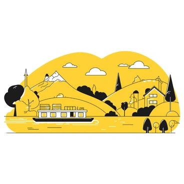 A barge is gliding smoothly along a river. The barge is detailed with various cargo stacked on its deck. On either side of the river, rolling hills rise gently, dotted with trees and patches of grass. Quaint villages can be seen in the distance, with small houses featuring chimneys and tiled rooftops. A few clouds drift above, while the surface of the river reflects the surrounding landscape, creating a harmonious scene of countryside life.