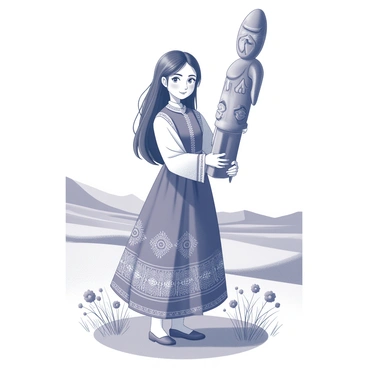 A Kazakh girl stands confidently, holding a traditional totem that represents her cultural heritage. She has long, dark hair flowing down her back, dressed in a beautifully detailed traditional dress adorned with intricate patterns. The totem is carved from wood, with symbolic engravings that reflect the folklore of her people. The girl's expression is one of pride and connection to her roots. The background features elements of a vast steppe, with gentle hills and scattered wildflowers, emphasizing her connection to the natural landscape of Kazakhstan.