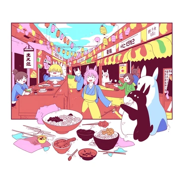 A festival scene with characters from different Ghibli films enjoying food stalls and games.