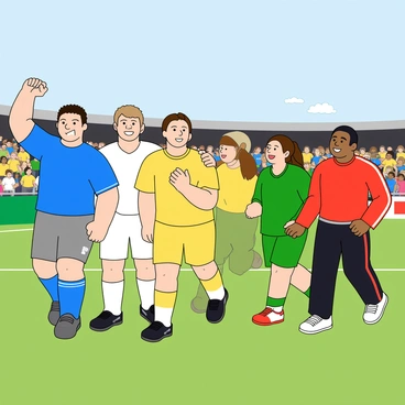 A group of five players walking off a grassy field at the end of a game. Each player has a different expression on their face, showcasing a range of emotions. The first player has a wide smile and clenched fists raised in victory, wearing a bright blue jersey. The second player looks disappointed, with a frown and shoulders slumped, dressed in a white jersey. The third player is looking contemplative, rubbing their chin while wearing a yellow jersey. The fourth player has a look of relief, glancing up at the sky while dressed in a green jersey. The fifth player is laughing, patting a teammate on the back, and wearing a red jersey. The backdrop features a clear sky and a cheering crowd in the stands.