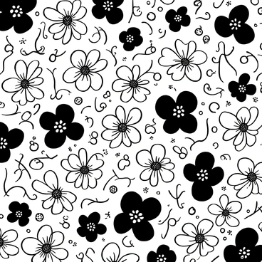 A textured background filled with swirling lines and shapes. Overlaying this are numerous intricate black flowers with delicate petals and detailed centers. The flowers vary in size and shape, creating a dynamic composition. Some flowers appear to intertwine, while others stand alone, adding depth to the arrangement. The contrast between the black flowers and the textured background highlights the pattern's complexity.