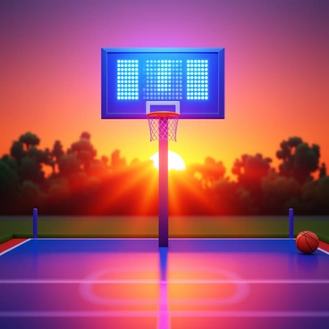 A glowing scoreboard displaying the current game score in bright LED lights. The scoreboard is positioned above the outdoor basketball court. The setting sun casts an orange and purple hue across the sky, with rays of sunlight illuminating the court and creating long shadows. The basketball court features a polished wooden floor and two basketball hoops at either end, with a few basketballs scattered near the sidelines. The scene conveys an atmosphere of excitement as the game progresses under the vibrant sunset.