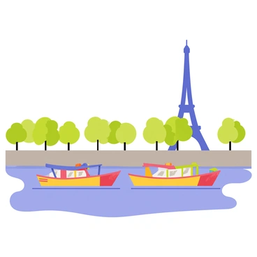 A group of colorful boats bobbing gently on the surface of the Seine River. The boats are painted in bright hues of red, blue, yellow, and green. In the background, the Eiffel Tower rises prominently against a clear blue sky, creating a recognizable silhouette. The water reflects the vibrant colors of the boats, adding a lively dynamic to the scene. Trees line the riverbank, providing a splash of greenery alongside the urban landscape.