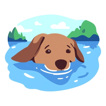 A dog's nose barely floating above the surface of a tranquil lake