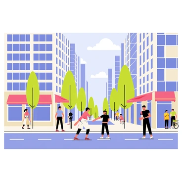 A person performing "high knees" exercise on a busy city street. The street is lined with tall buildings, featuring a mix of glass and concrete facades. Various pedestrians are walking by, some looking at the person exercising. There are bright storefronts along the sidewalk, with colorful signs and awnings. The sky above is clear, with a few fluffy clouds. A couple of taxis and bicycles are visible in the background, adding to the urban environment.