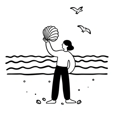 A person standing on a sandy beach with their back to the viewer, holding a large conch shell to their ear. The conch shell is detailed with ridges and curves, emphasizing its shape. In the background, gentle waves are rolling onto the shore, creating a sense of movement in the scene. A few seagulls are flying above the water, and there are scattered seashells dotting the sand around the person's feet.