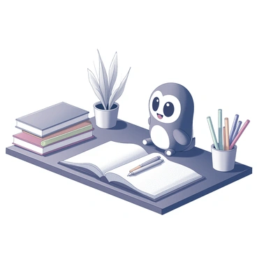 A mascot character with an endearing design is sitting on a wooden desk. The character has a round, expressive face with large eyes and a cheerful smile. Surrounding the mascot are various stationery items, including a stack of colorful notebooks, a set of vibrant pens, and an open planner. The desk also features a small potted plant beside the mascot, adding a touch of life to the scene. The overall composition is inviting and organized, showcasing the mascot as the focal point in a creative workspace.