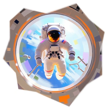 An astronaut floating in a space station, with the Earth visible through a window in the background
