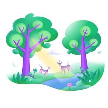 A tranquil forest scene featuring tall trees with a lush canopy filled with "exosome-shaped leaves." Sunlight filters through the leaves, creating dappled light patterns on the forest floor. The ground is covered with a mixture of green ferns and small flowering plants. A gentle breeze causes the leaves to sway slightly, and a small stream flows quietly nearby, reflecting the greenery above. In the background, a few deer can be seen grazing peacefully, adding to the serene atmosphere.