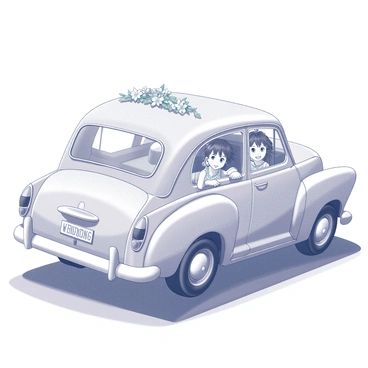 A wedding car adorned with flowers and ribbons is parked on a charming street. Two children are peeking out from the rear windows of the car, their expressions filled with curiosity and excitement. One child has curly hair and is wearing a white shirt, while the other has straight hair tied in a bow and is dressed in a colorful outfit. The windows are partially open, revealing their faces as they lean forward to catch a glimpse of the outside. The scene captures the joyful atmosphere surrounding the wedding celebration.