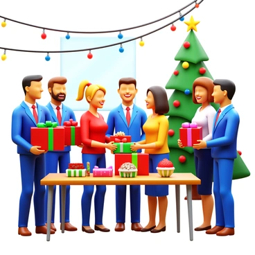 A group of coworkers standing in a festive office decorated with holiday lights. They are exchanging wrapped presents, each gift adorned with colorful bows and ribbons. The coworkers are smiling and laughing, creating a joyful atmosphere. A table nearby is filled with holiday treats and decorations, while a Christmas tree glimmers with ornaments in the background. The scene captures the excitement and camaraderie of the holiday office party.