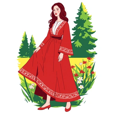 A woman is wearing a vibrant red traditional Russian sarafan adorned with intricate white and gold embroidery along the edges. The sarafan flows elegantly to her ankles, creating a graceful silhouette. She has long, dark hair styled in loose waves, and is wearing a simple white blouse underneath the sarafan. The woman stands in a field of blooming wildflowers, with soft green grass surrounding her feet. In the background, there are lush trees providing a natural frame to the scene. Her expression is serene, embodying the spirit of tradition.