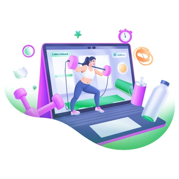 A modern pastel illustration showing a large screen displaying a virtual fitness class. On the screen, an instructor demonstrates "cable kickbacks," positioned in a gym setting. The instructor is wearing workout clothes and has a focused expression while performing the exercise. Surrounding the screen are various fitness-related icons, including dumbbells, a water bottle, a yoga mat, and a stopwatch, all arranged in a visually appealing manner. The background features abstract shapes in soft pastel colors to enhance the overall composition.