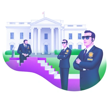 A group of "Secret Service agents" standing alert in front of the "White House." The agents are wearing dark suits and sunglasses, maintaining a serious demeanor. The White House is visible in the background, showcasing its iconic architecture with white columns and well-manicured lawns. Two agents are positioned near the front steps, while another agent is communicating through an earpiece. The atmosphere conveys a sense of vigilance and security.