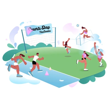 An energetic muster of athletes engaged in various sports on a vibrant field