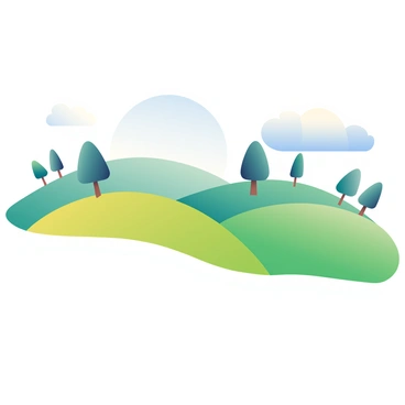 A landscape scene features rolling green hills with patches of vibrant grass and scattered trees. The trees, varying in height and shade, create a soft outline that resembles the features of a human face. The hills form the chin and jawline, while the trees on either side represent the cheekbones. Above, a clear blue sky stretches across the top of the image, with a few fluffy white clouds floating gently. Sunlight casts soft shadows on the hills, enhancing the facial features created by the natural elements.