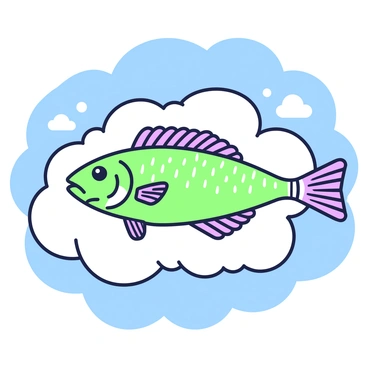 A barramundi is swimming gracefully through fluffy clouds in a blue sky. The fish has shimmering scales that reflect light, and its fins are elegantly spread. The clouds are puffy and soft, resembling cotton candy, surrounding the barramundi as it glides effortlessly. In the background, the blue sky is vast and clear, creating a sense of openness and tranquility. The scene captures the unusual interaction between the barramundi and its airy surroundings.